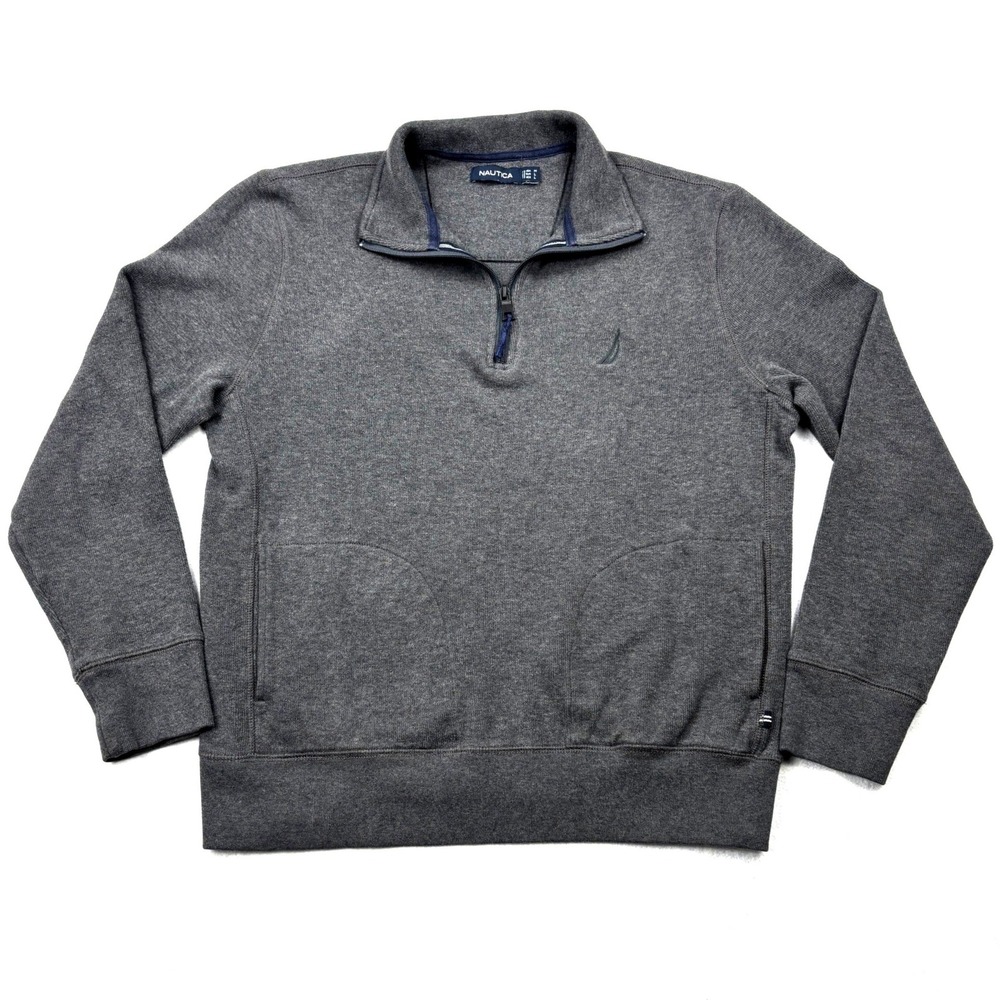Nautica Mens Medium Quarter Zip Sweatshirt Charcoal Gray Cotton Pullover K63228